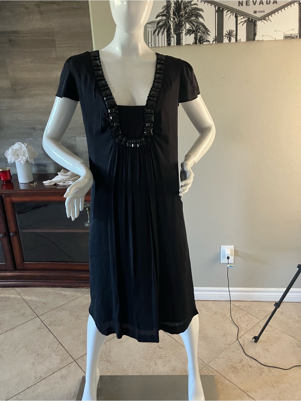 INC International Concepts Black Silk Midi Dress with Sequin Trim 20